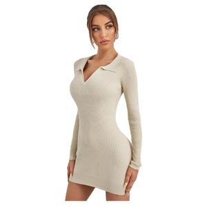 NEW NWOT beige rib knit collar mini long sleeve dress - Small
